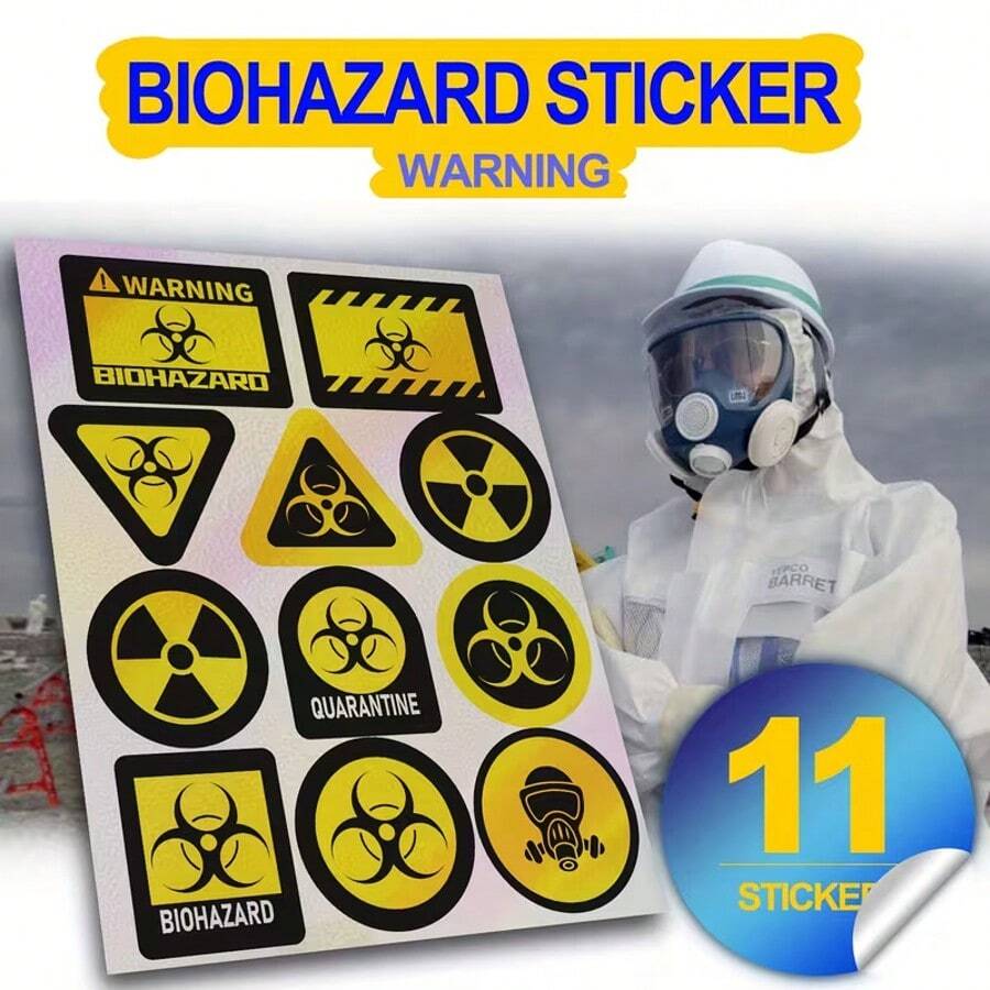 11 Stücke/Set Biogefährdung Warnaufkleber, Sicherheitshinweisschilder aus Lasermaterial, verschiedene Formen für flexible Kombination, unverzichtbar für Biogefährdungsarbeitsplätze - 11 kleine Biohazard-Warnaufkleber - Übersicht 1