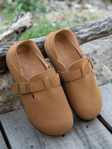 女士平底套脚凉鞋，棕色绒面革闭趾拖鞋，柔软平底搭扣休闲户外鞋 - 棕色 - 查看 5