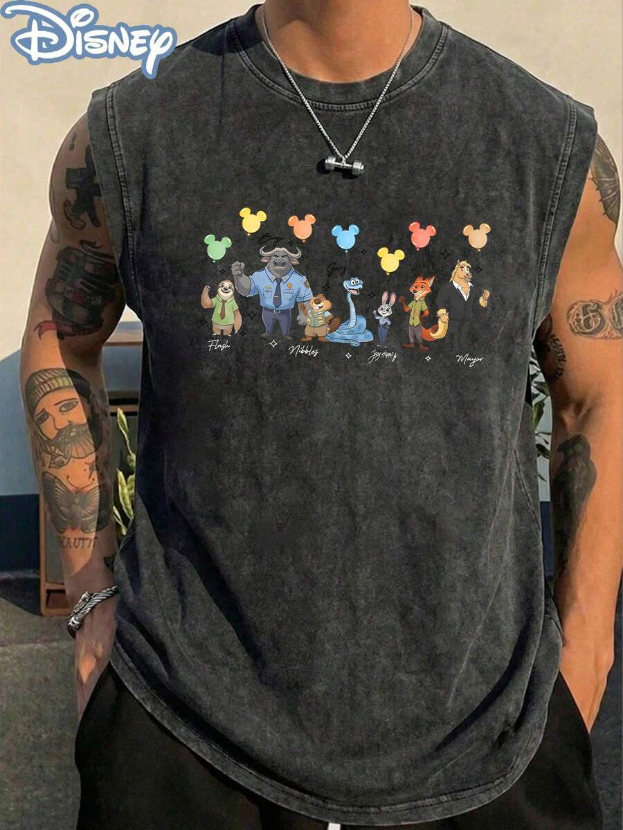 Disney Official Licensed Zootopia Character Balloon Lineup Vintage Washed 230g Tank Top Unisex - màu đen - Xem 1