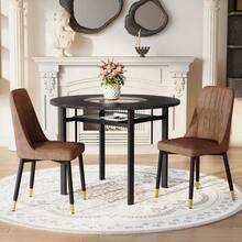 Modern Minimalist Round Table Set (With 2 Brown Technical Fabric Armchairs And Black Metal Legs), 100 Cm Diameter Round Table With Black Wood Look, Suitable For The Living Room. - Khaki - View 4