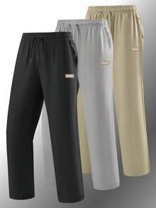 男士直筒冰丝长裤，轻盈透气面料，时尚Logo设计，运动休闲长裤，弹性腰带配抽绳 - 黑色 - 查看 6