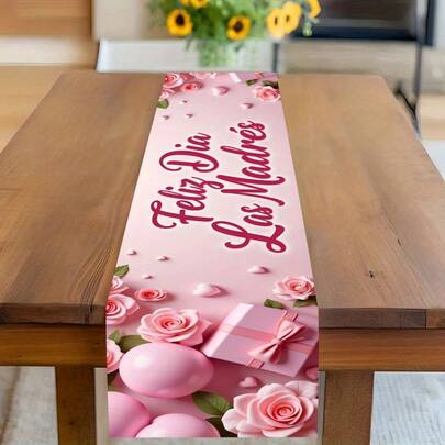 1件母亲节粉色玫瑰礼品，涤纶长方形桌布，适用于乡村风和现代风格的派对、厨房、餐桌、咖啡桌、梳妆台、节日派对装饰、浪漫家居装饰