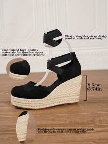 Women's Wedge & Platform Slip-On Espadrille Shoes, Black Round Toe Vacation Beach Woven Strap Sandals, Vacation Rope Sole Elastic Band Paired With Women's Shoes - Black - View 4