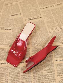 Giày sandal cao gót mũi vuông đính ngọc trai dành cho nữ, sandal hở gót kiểu dáng thường ngày cho mùa hè. - Đỏ - Xem 6