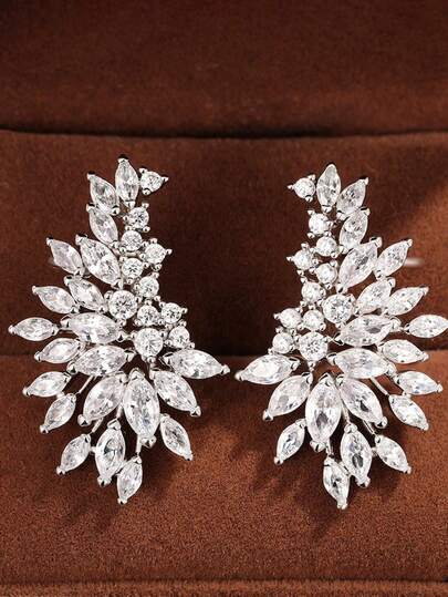 1 Pair Elegant Sparkling Rhinestone Leaf Shaped Stud Earrings, Fashionable & Unique Earrings For Women