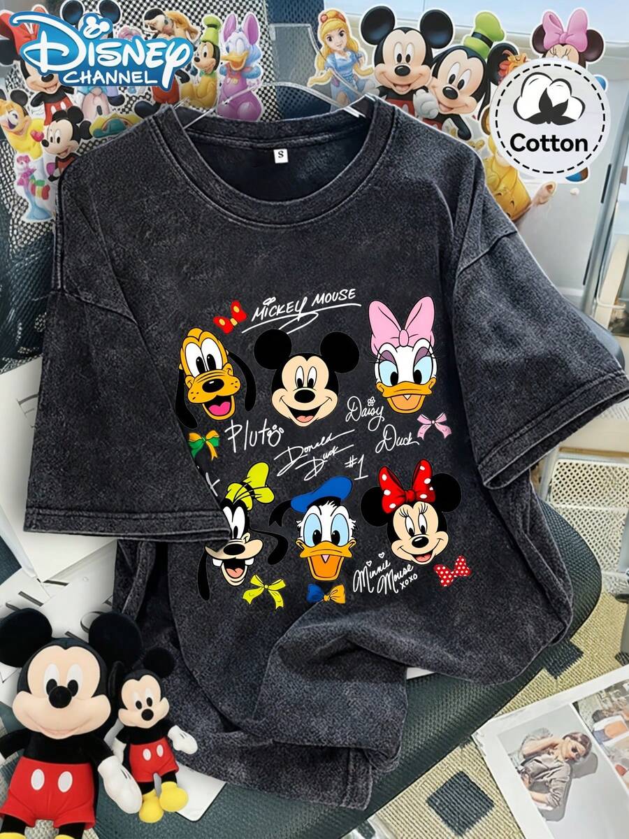Disney Mickey Mouse & Friends Washed T-Shirt, 100% Cotton Oversized Vintage Short Sleeve Top, Character Signature Printed Casual Tee - màu đen - Xem 1