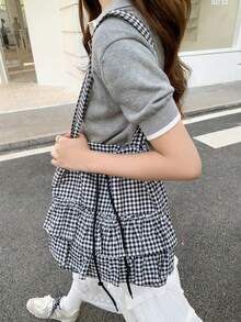 2026 New Arrival Elegant Ruffled Tote Bag, Women's Fashionable Large Plaid Shoulder Handbag With High Capacity - Black and White - View 2
