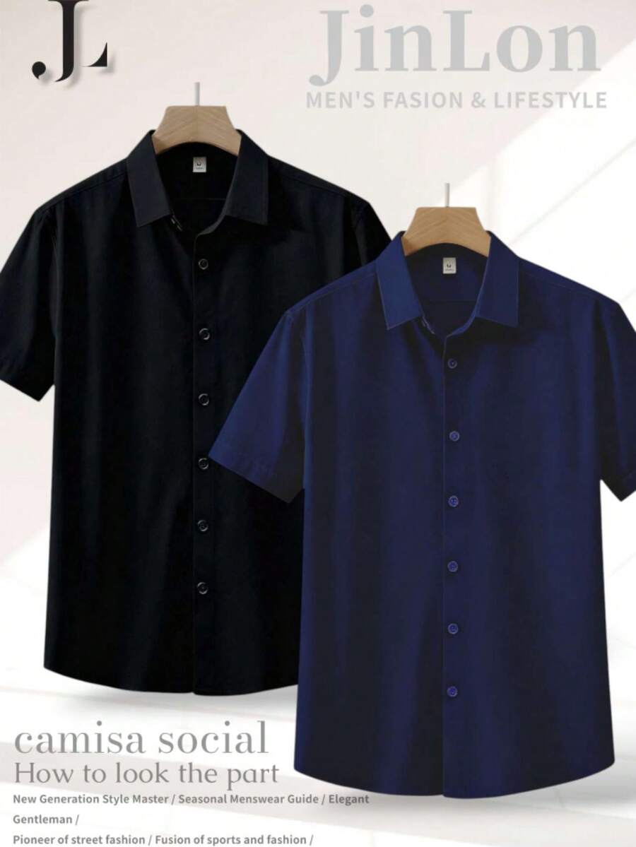 JL KIT 2 Men's Short Sleeve Casual Beach Shirt, Linen Style - Đen-Xanh navy - Xem 1