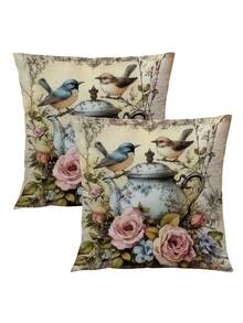 2pcs Spring Style Bird & Flower Teapot Pattern Removable Zippered Pillow Covers, Washable, No Filling, Suitable For Home Decor, Living Room, Sofa, Bedroom - Multicolor - View 2
