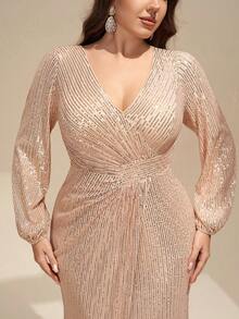 YISIKADO Plus Size Women's Sequin Twist Wrap Maxi Dress, Deep V-Neck Long Sleeve Shiny Formal Gown For Prom, Party, Wedding Guest, Graduation Ceremony - Champagne - View 6