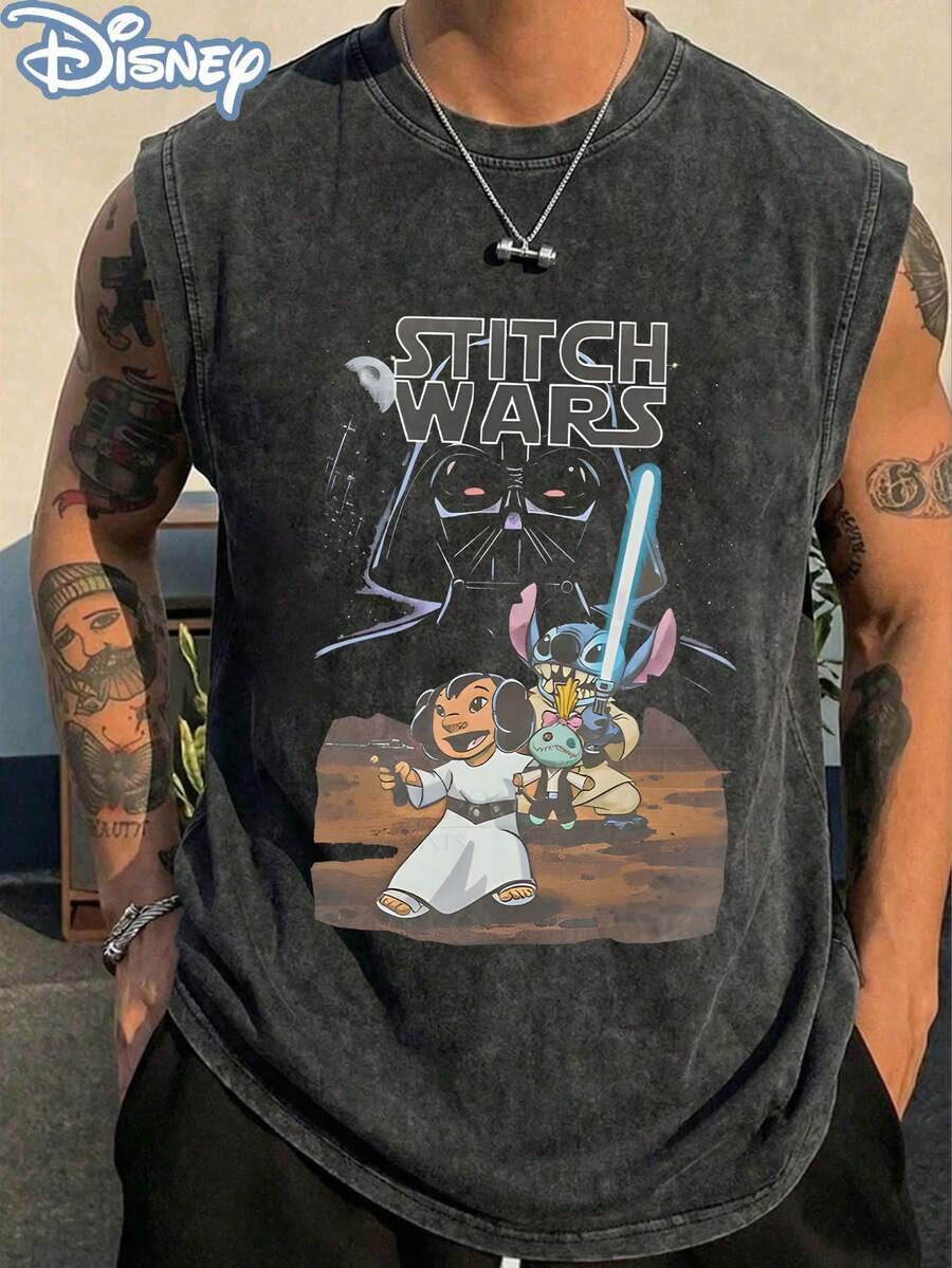Disney Official Licensed Lilo & Stitch "Stitch Wars" Vintage Washed 230g Tank Top Unisex - 黑色 - 查看 1