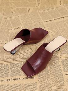 Wine Red Open Toe Slip-On High Heel Sandals For Women, Casual Versatile Backless Mules - Burgundy - View 3