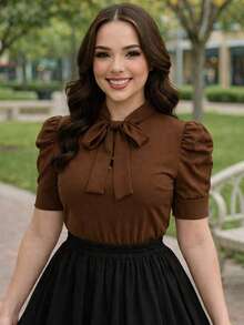 Short-Sleeved Blouse With Puff Sleeves And Bow, Plain, Elegant, Modest, Stylish, Princess Style. - Rỉ Nâu - Xem 2
