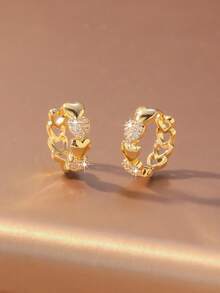 Hihho 1对时尚优雅简约闪亮锆石镶嵌心形耳环，心形拼接独特珠宝耳环，情人节派对女孩礼物 - 耳圈 - 查看 3