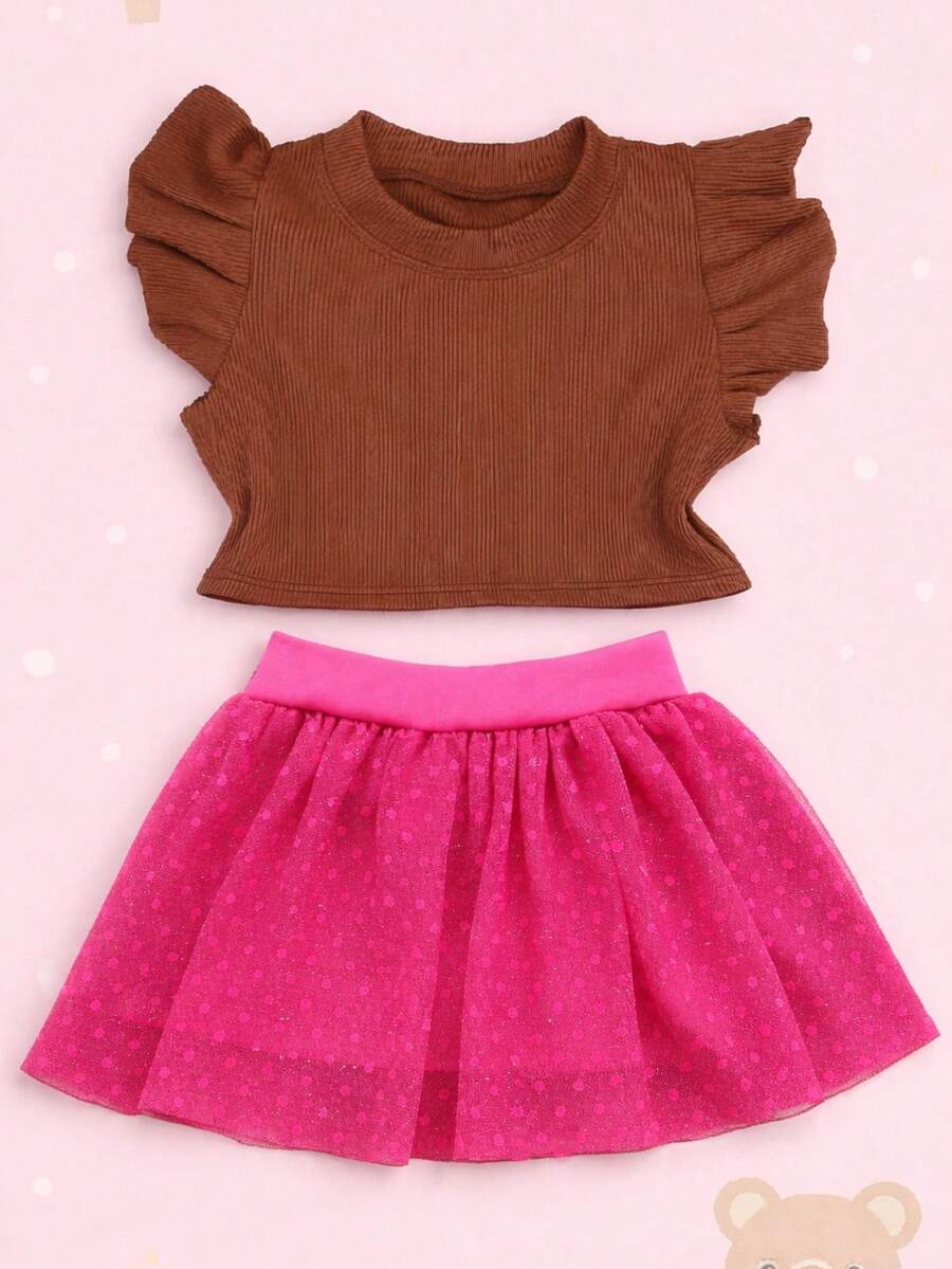 Girls' Outfit Set: Tulle Shorts Skirt With Ruffle And Cropped Top With Ruffled Frills, Pleated, Spring And Summer CJI043 - Pink and Caramel - View 1