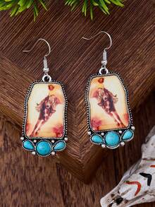 Retro Cowgirl Western Bullfighting Pattern Turquoise Dangle Earrings Women, Bohemian Dangle Earrings, Suitable For Cowgirls To Wear At Daily Holiday Parties, Ladies' Gift - Multicolor - View 1
