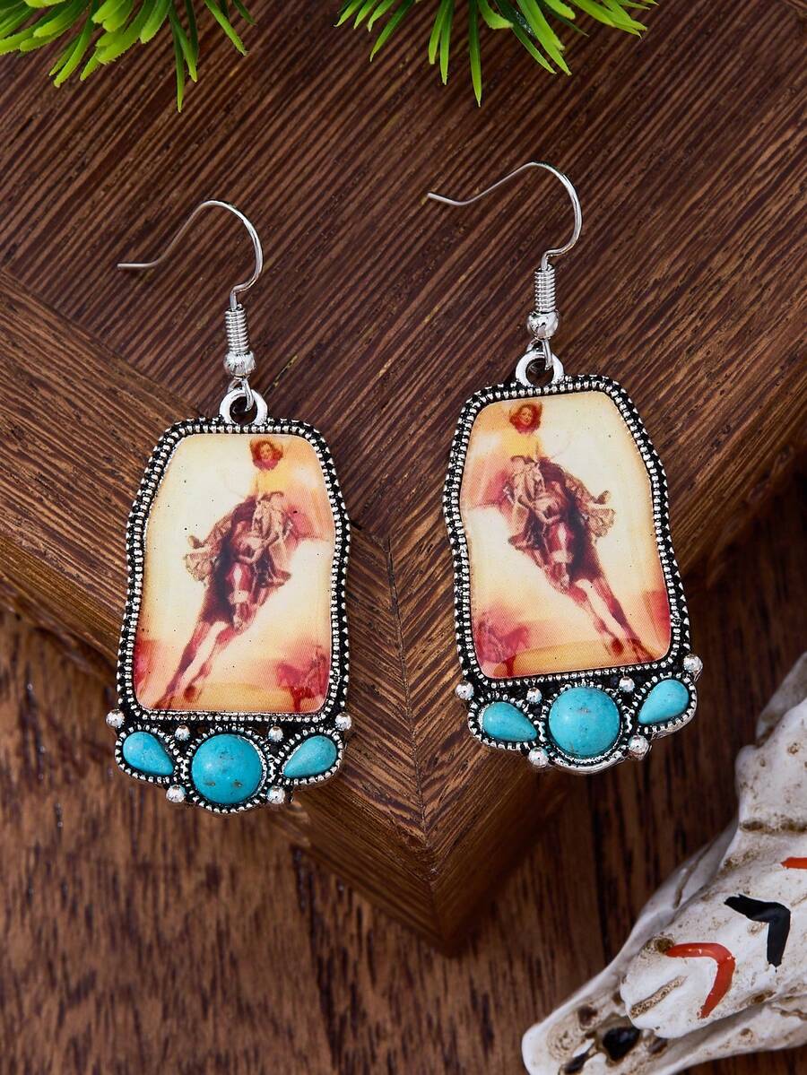Retro Cowgirl Western Bullfighting Pattern Turquoise Dangle Earrings Women, Bohemian Dangle Earrings, Suitable For Cowgirls To Wear At Daily Holiday Parties, Ladies' Gift - Multicolor - View 1