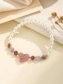 1件 时尚简约珍珠天然石心形串珠手链 - 粉色 - 查看 3