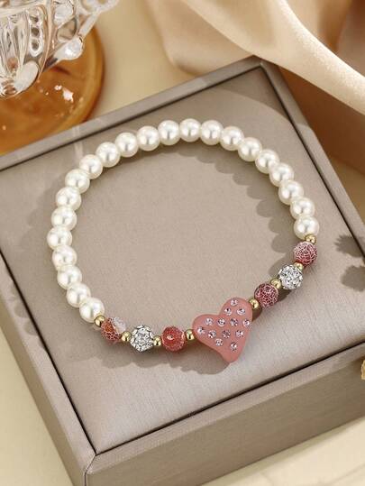1件 时尚简约珍珠天然石心形串珠手链