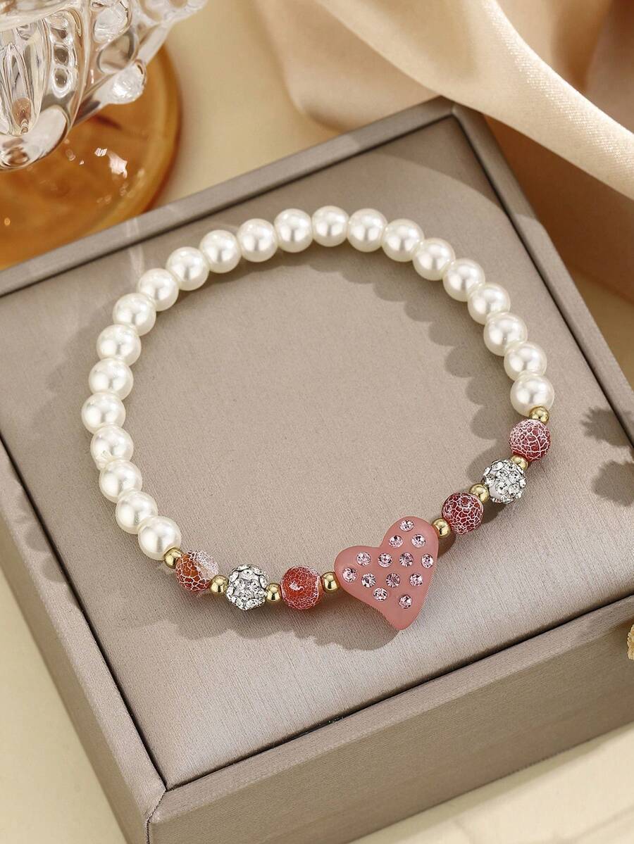 1件 时尚简约珍珠天然石心形串珠手链 - 粉色 - 查看 1