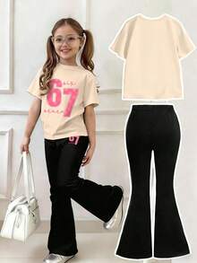 Bộ đồ thể thao mùa hè mới dành cho bé gái, gồm áo thun cổ tròn tay ngắn in hình ngôi sao size 67 và quần ống loe in hình ngôi sao size 67, thoải mái và năng động. - Màu be - Xem 2