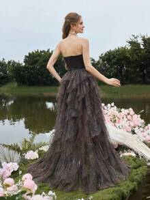 Faeriesty Women's Leopard Print Strapless Ruffle Hem Slit Design Evening Gown Dress, Suitable For Modern Art Gallery Openings And Avant-Garde Galas - Brown - View 2