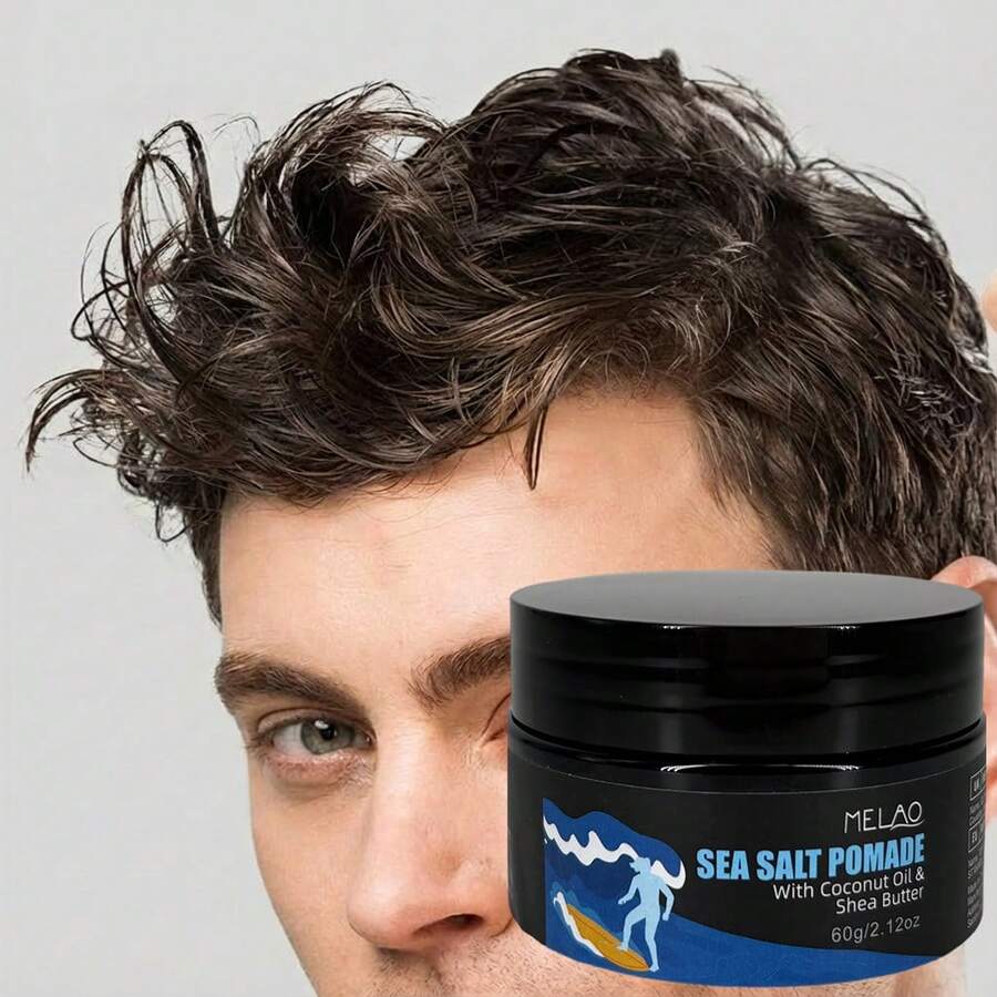 Sea Salt Pomade, MELAO Sea Salt Pomade With Coconut Oil & Shea Butter, Strong Hold Styling Wax For Men, Texturizes & Defines Curly Hair, Adds Natural Shine & Matte Finish, 60g/2.12oz - Wax - View 1