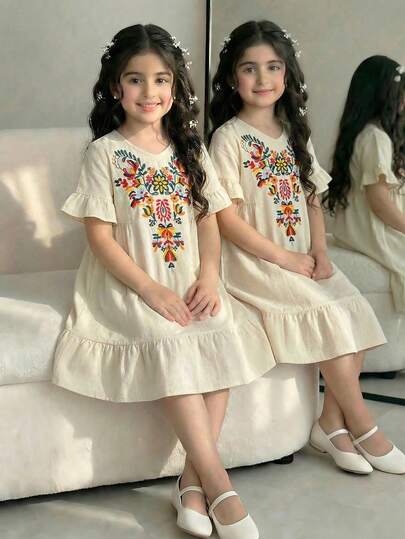 ชุดเดรสลำลองนางเงือกคอวีปักลายดอกไม้สำหรับสาวน้อย, ชุดเดรสสไตล์วินเทจพิมพ์ลายสำหรับใส่ไปเที่ยวชายหาด