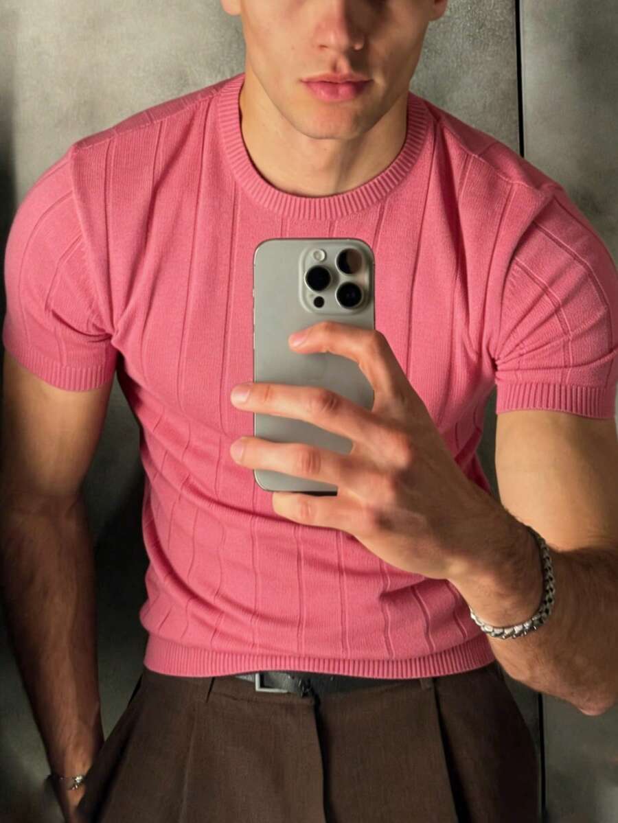 Jersey de punto de cuello redondo de manga corta con costillas para hombre, primavera/verano - Rosa - Ver 1