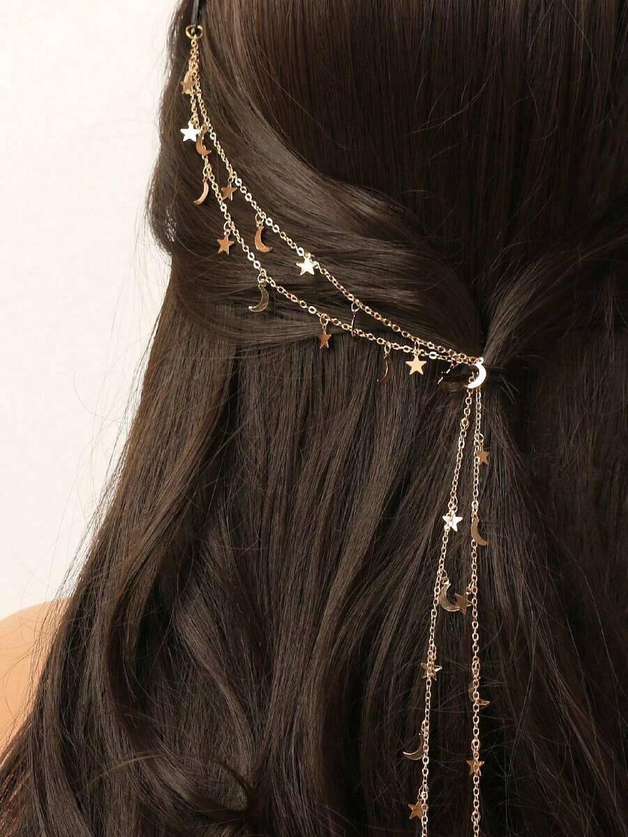 1pc Women & Moon Tassel Hair Clip Chain Headpiece Hair Accessory, Pieces Jewelry, Hair Vine Chain, Hair Accessories, School Stuff, Accessories Y2k, Wedding, Bride To Be - Gold - 查看 1