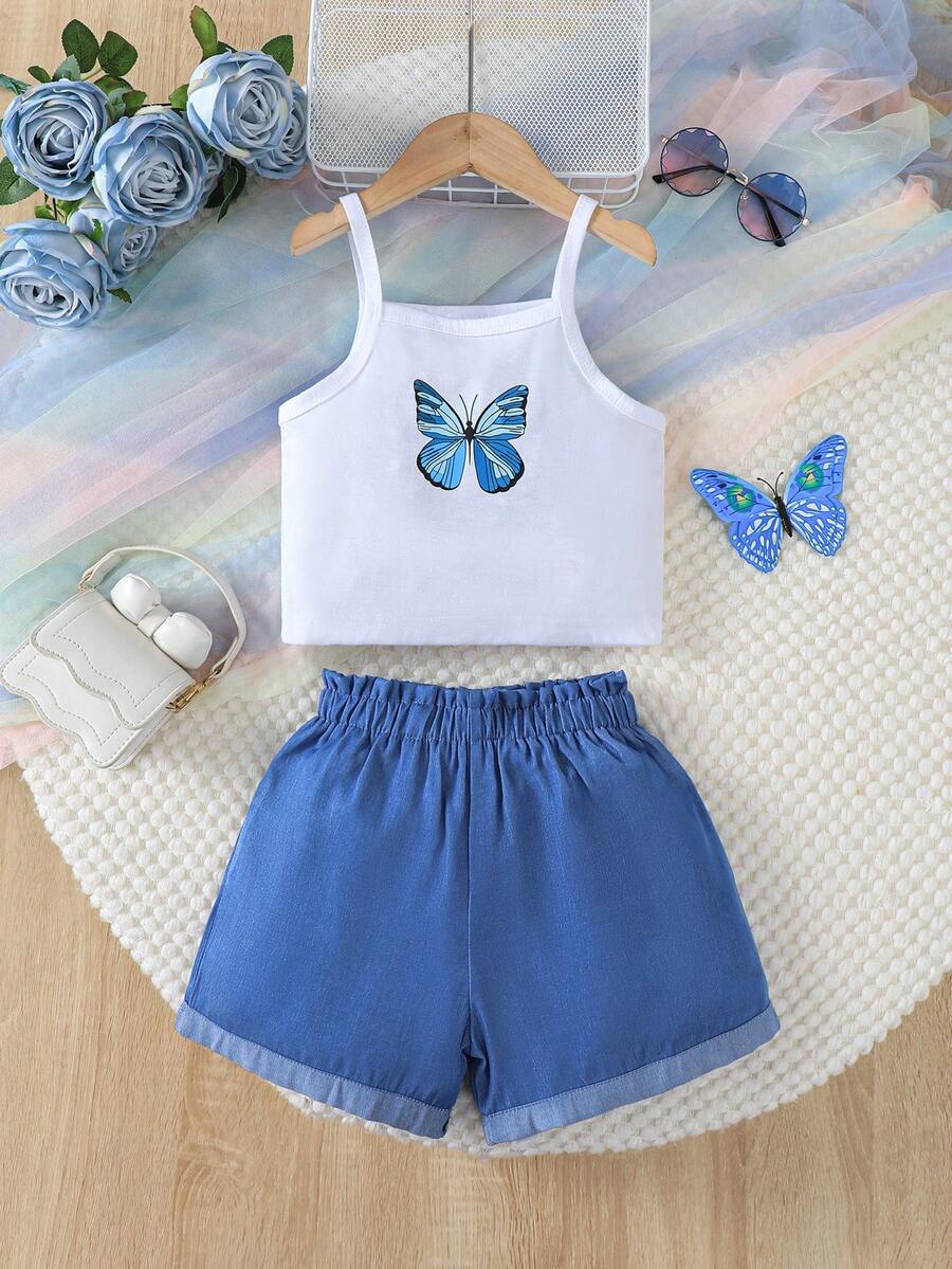 Conjunto Casual de Verão para Meninas, Regata com Alças Finas com Estampa de Borboleta e Shorts Denim Falsos, Adequado para Meninas de 4 a 7 Anos, Roupa de Verão para Uso Externo, Conjunto de Shorts de Moda para Crianças - Branco - Visão 1