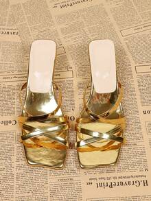 Women's Square Toe Criss-Cross Strap Gold High Heel Sandals, Casual Versatile Open Heel Mule Sandals For Summer - Vàng - Xem 5