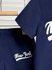 Áo khoác bóng chày kiểu Mỹ mùa hè cho bé trai + quần short thường ngày, trang phục thường ngày mùa hè cho bé trai, phong cách thời trang mùa hè. - Xanh đậm - Xem 5