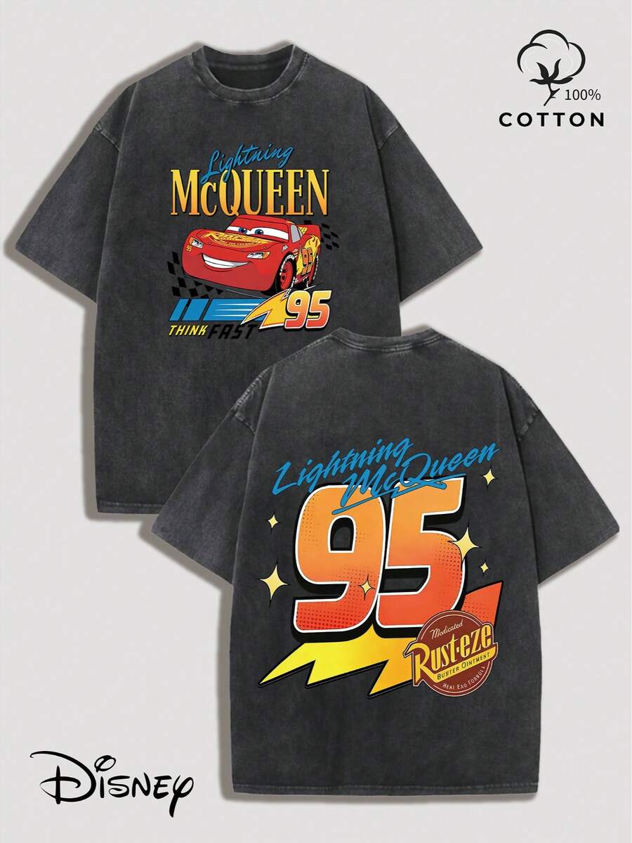 "Think Fast" Lightning Racing Car Print DisneyRetro Washed T-Shirt, Summer Casual Men's Y2K Style Short-Sleeve Shirt, Washable, Suitable For Everyday/Outdoor/Holiday Parties, Gift For Boyfriend. - 黑色 - 查看 1