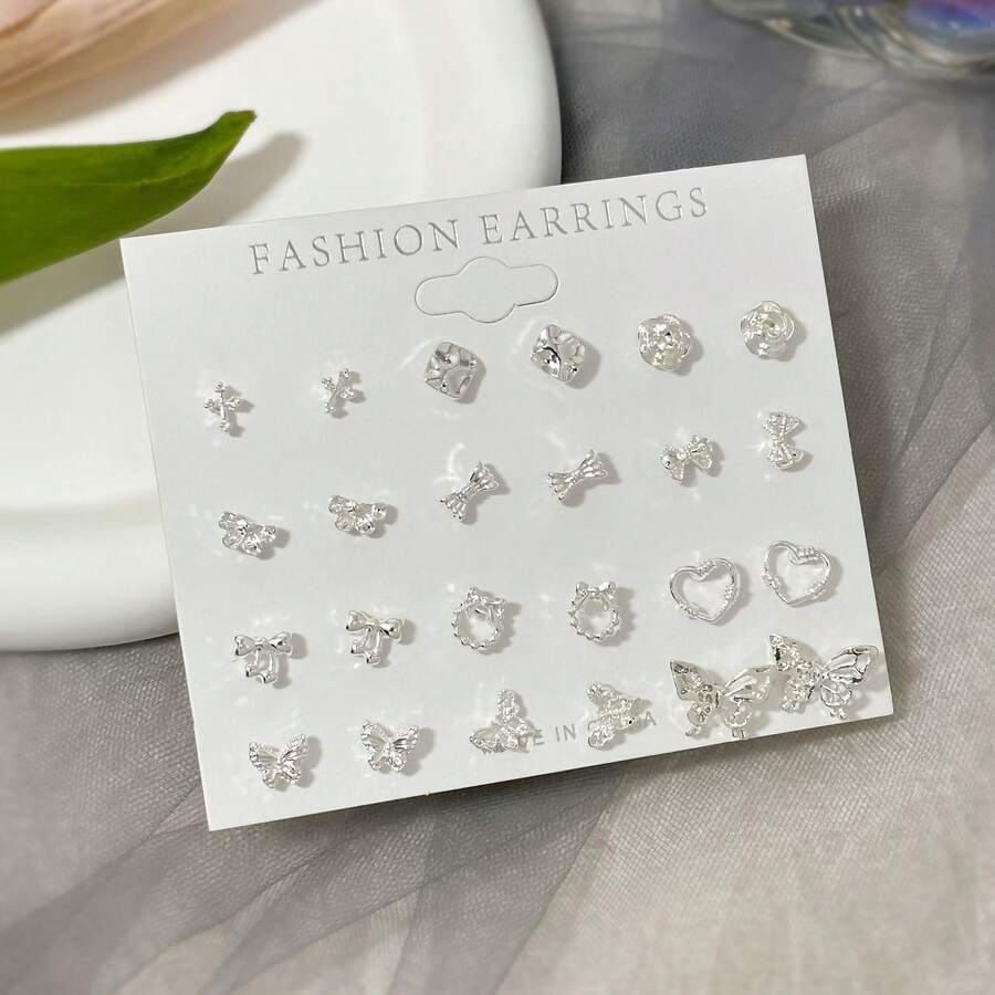 Set Anting-Anting Stud Pita Berwarna Terang Berlapis Perak 24 Buah/Set, Paduan Seng Elegan dan Modis, Cocok untuk Pemakaian Sehari-hari, Hadiah untuk Pacar - Perak - View 1