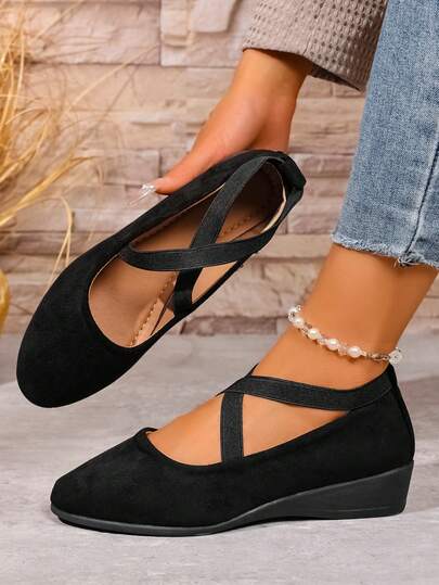 Women's European And American Large Size 2026 New Style Velvet Solid Color Cross Strap Round Toe Low Vamp Wedge Shoes Four Seasons Daily Commuting Fashion Casual Travel Versatile Women's Shoes Black Khaki Gray Brown Blue Optional