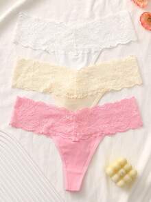 3条装女士性感蕾丝边无缝纯棉丁字裤 - 彩色 - 查看 3