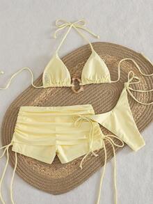 3pcs Solid Color Bikini Swimsuit Set, Spaghetti Strap Backless Design, Fashionable Casual Bikini Top And Shorts Set, Suitable For Women, Suitable For Easter, Party, Music Festival, Valentine's Day Occasions; Women's Beach Outfit; Women's Graduation Season Vacation Outfit; Women's Elegant Beach Swimwear; Women's Beach Bikini Swimsuit; Women's Swimsuit; Women's Swimming Suit; Summer Holiday Outfit - Yellow - View 3