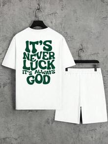 男士休閒套裝圓領T恤與抽繩短褲，輕盈舒適，「It's Not Luck, It's God」印花，適合日常穿著、禮物、信仰 - 白色 - 查看 1