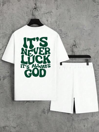 Men's Casual Sports T-Shirt And Drawstring Waist Shorts Set - Lightweight And Comfortable, "It's Not Luck, It's God" Graphic Print, Suitable For Daily Outings, Great Gift For Friends And Family