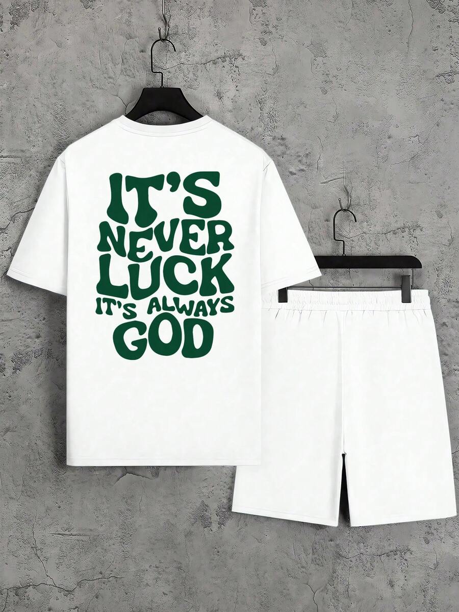 男士休閒套裝圓領T恤與抽繩短褲,輕盈舒適,「It's Not Luck, It's God」印花,適合日常穿著、禮物、信仰 - 白色 - 查看 1