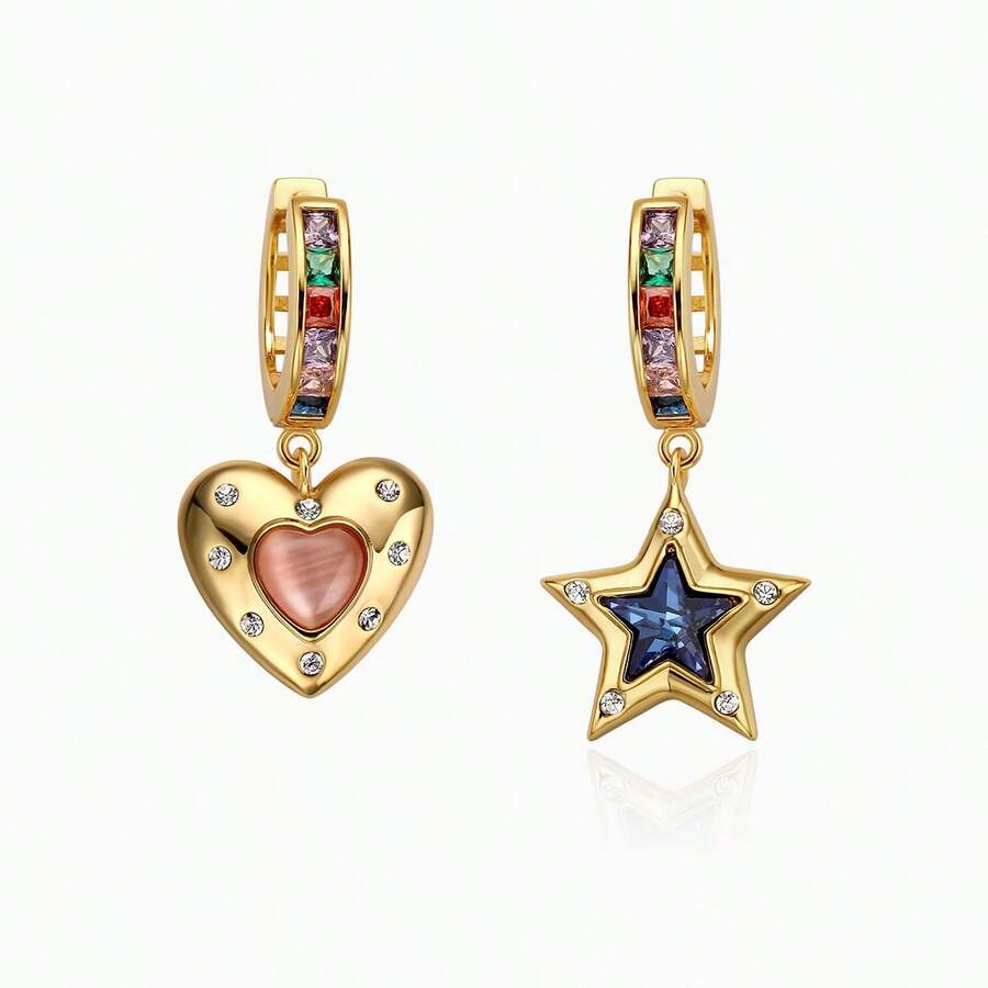 1 Pair Cat Eye Stone Asymmetric Star & Heart Pendant Earrings, Women's Gold-Tone Cubic Zirconia Dangle Earrings, Jewelry Gift For Daily Wear - Multicolor - View 1