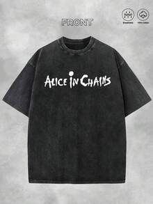Alice In Chains Album Cover Print T-Shirt, 90s Garbage Rock Retro Style Round Neck Short Sleeved T-Shirt, 230g Washed Cotton Double-Sided Printed T-Shirt, High-Quality Retro Men's T-Shirt, Summer Essential Fashion Item, Retro Band T-Shirt Collector, 90s Garbage Rock Music Enthusiast, Best Gift For Friends, Men's Gift - 黑色 - 查看 3