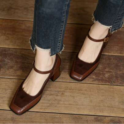 Women's High Heel Thick Sole Single Strap Sandals, French Elegant Style, Available In Burgundy, Graceful And Fashionable