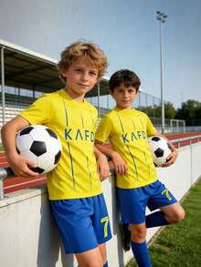 Boys & Girls Football Jersey, Riyadh Victory Team #7, Polyester Crew Neck Top And Shorts Set, Suitable For Boys Sports Training And Casual Wear, Perfect For Outdoor - Yellow - View 3