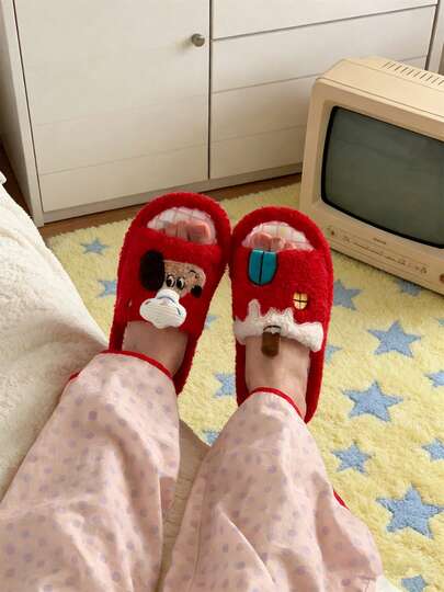 XIXITIAO Cute Color-Block Chef Puppy Plush Soft-Soled Home Slippers, Comfortable Slippers With Color-Block Checkered Polka-Dot Sole, Ideal For Home & Parties