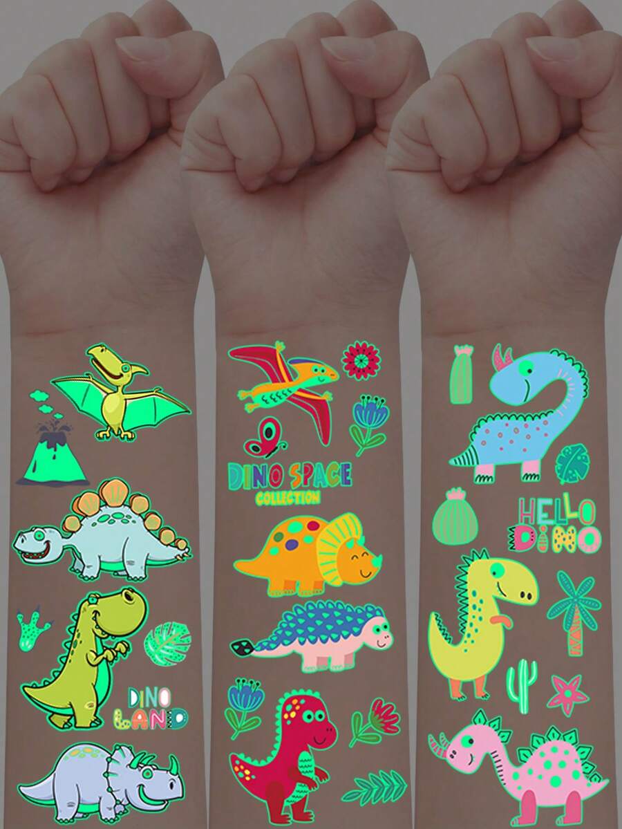 5pcs Dinosaur Element Series Luminous Tattoo Stickers, Glow In The Dark, 66 Cartoon Dinosaur Element Pattern Temporary Tattoo Stickers, Waterproof Fun Fake Tattoo Stickers, Suitable As Birthday Party Gifts