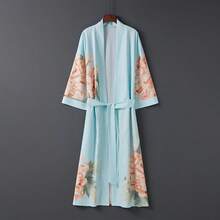 Áo khoác kimono satin kiểu Nhật màu xanh nhạt họa tiết hoa cúc – Kiểu dáng thanh lịch, mở phía trước, nhẹ nhàng, thích hợp cho kỳ nghỉ hè trên bãi biển, mặc ngoài bikini và trang phục mặc nhà thoải mái mùa xuân. - Màu xanh nhạt - Xem 13