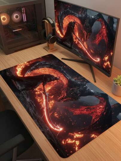大尺寸鼠标垫，防水防滑光滑布面，熔岩战士暗黑科幻插画图案，也可作键盘垫、桌垫或书架使用，适合游戏玩家、办公室和宿舍使用，适用于电脑、办公和游戏环境，是送给游戏玩家的理想礼物，兼容鼠标和轨迹球。