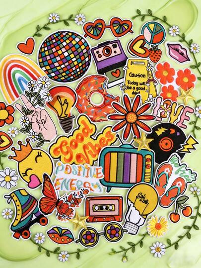 40片/随机五角星皇冠蝴蝶结雏菊十字字母刺绣贴片，适用于DIY服装和配饰——帽子、牛仔裤、夹克等。独特可爱的卡通刺绣贴纸。